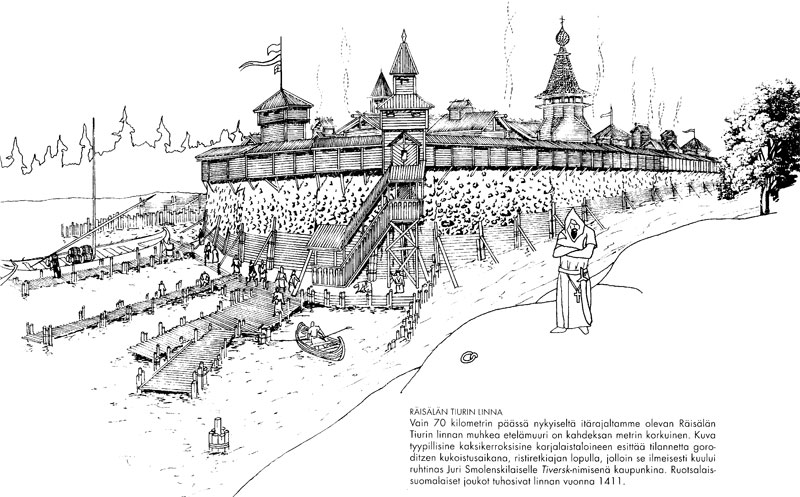 Tiurinlinna in Räisälä municipality, in Karjala (Karelia). Tiuri was a settlement since 600AD. The castle was destroyed by Finnish-Swedish warband 1411. The image shown here is from late Crusade Age (the Crisade Age in Finland was from 1050 - 1300 AD). Wikipedia says it was built 1300AD. YLE Teema (science TV show in Finland) Karjala history page says it was built 1100-1200. Opinions seem to vary between 900 to 1300.